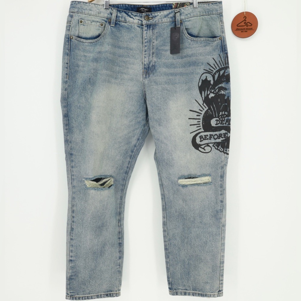 Ed Hardy Jeans Death Before Tattoo Distressed Graphic Denim‎ Slim Fit Size 42